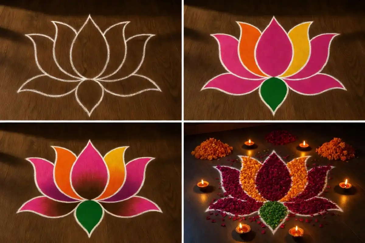 Step by step tutorial to make 3D rangoli with flowers and colors using petals and gradients