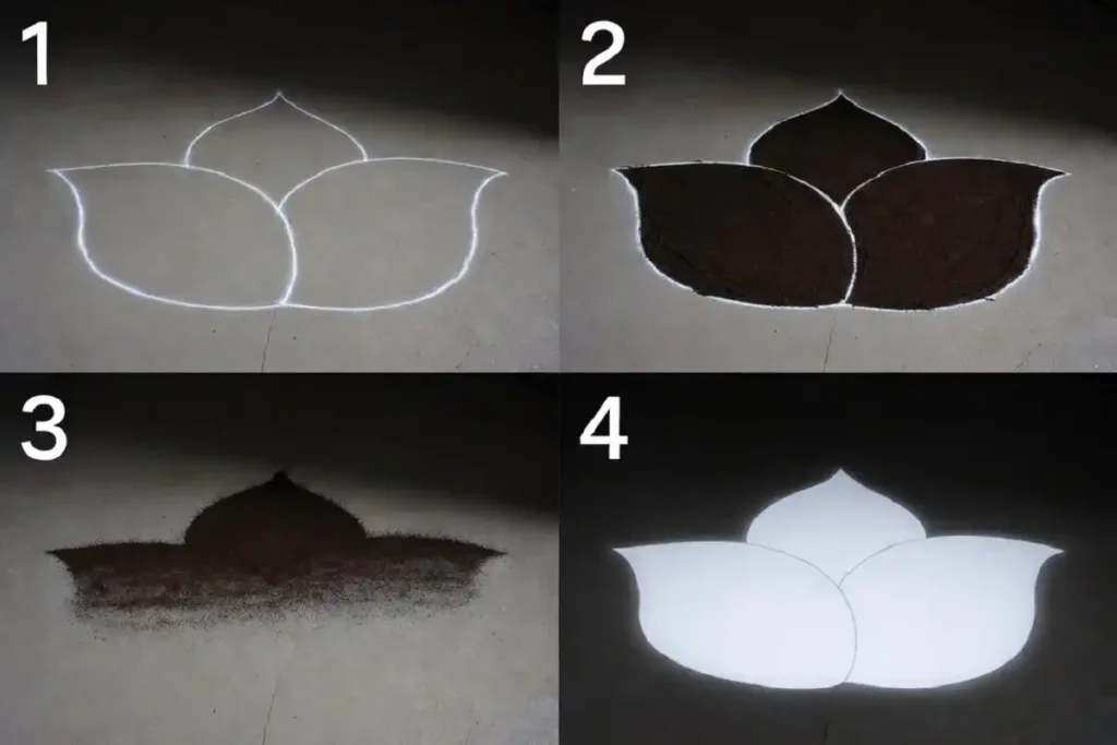 Step by step tutorial building a raised 3D rangoli petal with shadow and highlight