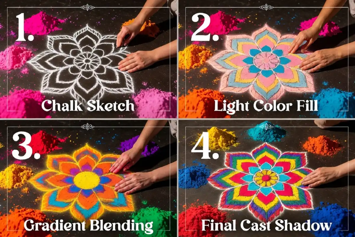Step by step tutorial for a 3D floating rangoli design from sketch to cast shadow