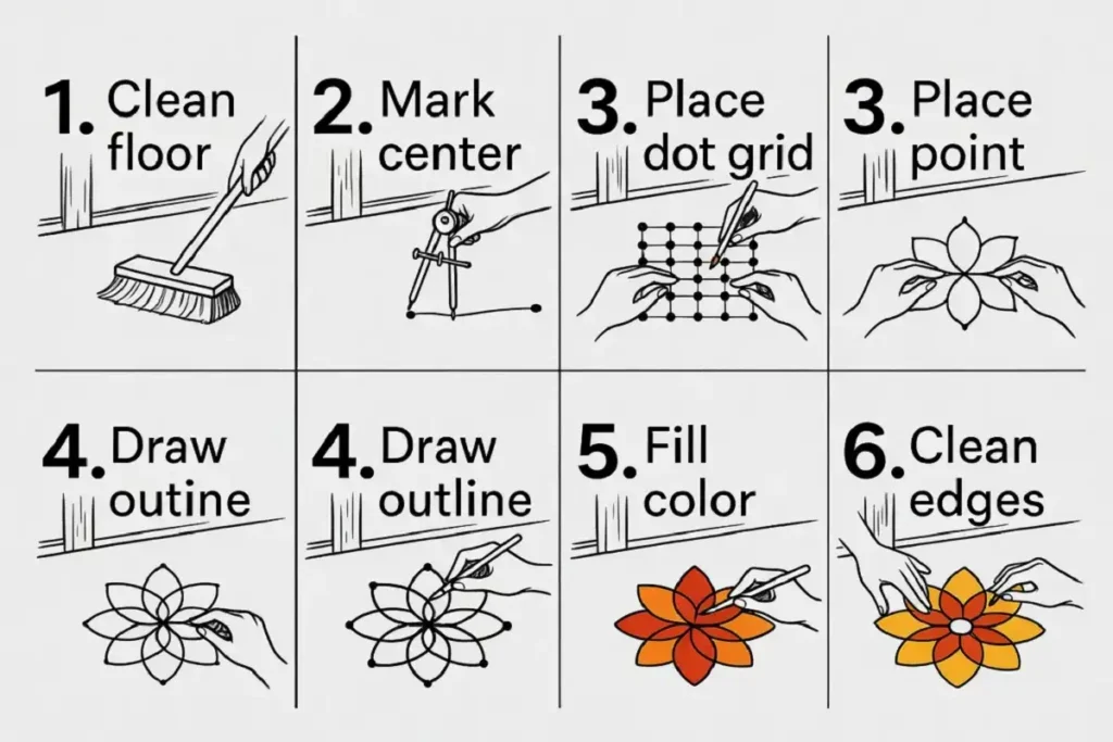 Six-step tutorial showing how to make classic rangoli patterns for home entrance