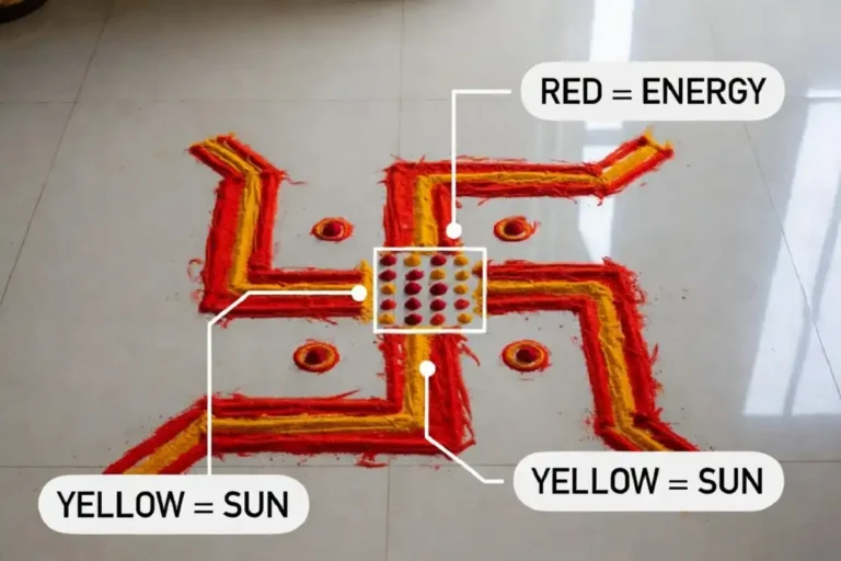 Swastik rangoli design with labeled arms, dot grid, and color meaning