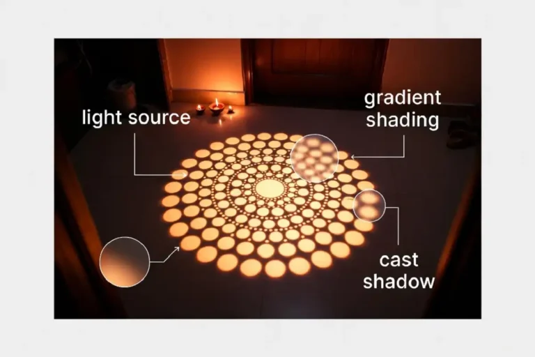 Featured image explaining a 3D floating rangoli design with labels for shading and cast shadow