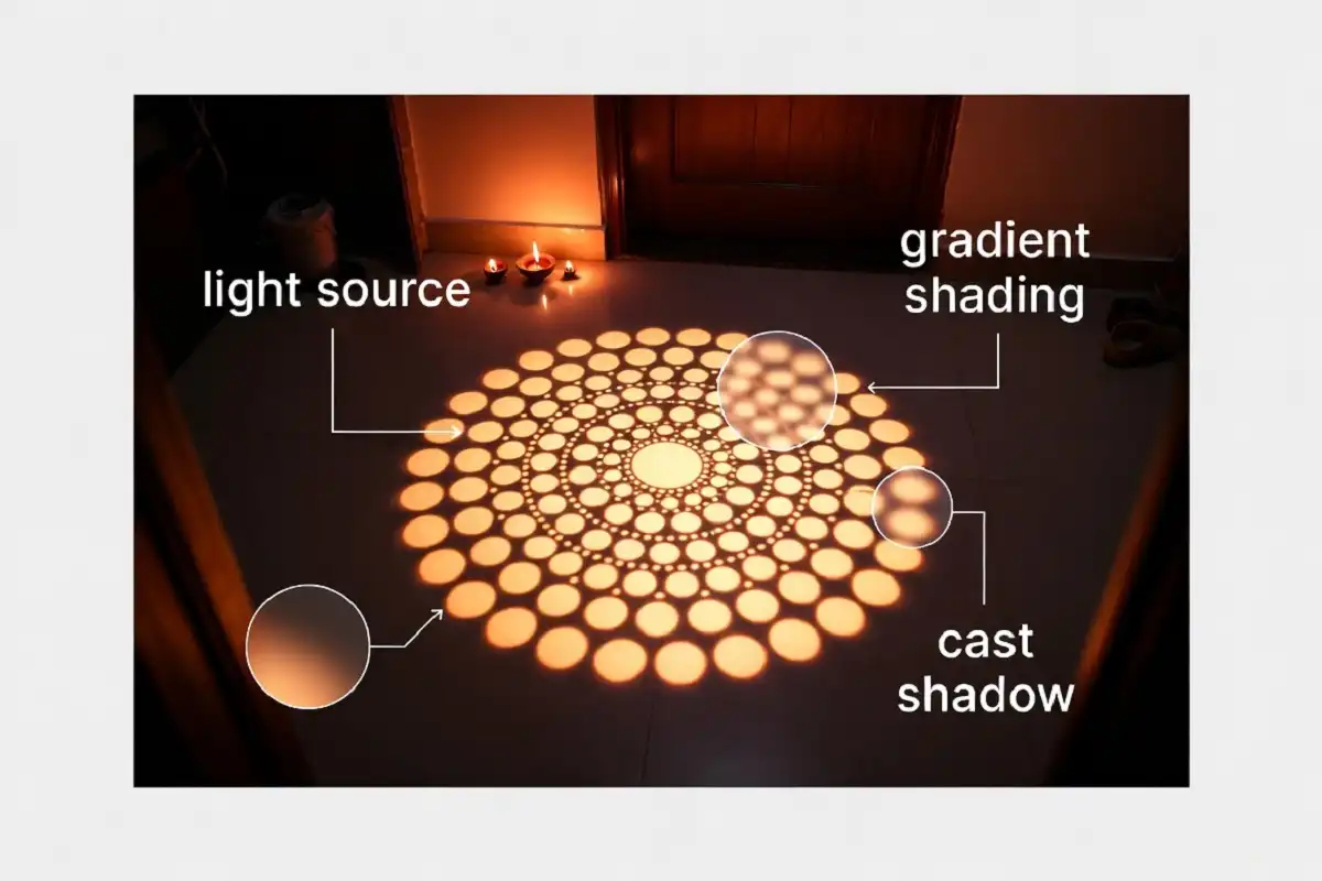 Featured image explaining a 3D floating rangoli design with labels for shading and cast shadow