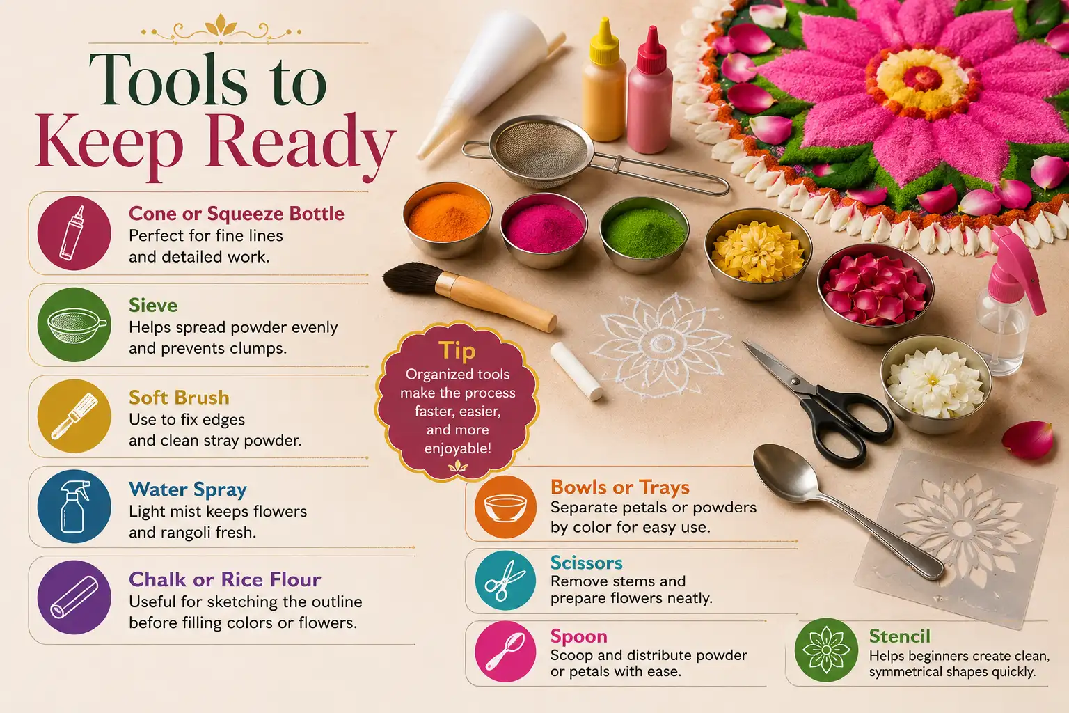 Infographic showing essential tools for rangoli making, including cones, sieve, brush, water spray, chalk, bowls, scissors, spoon, and stencil