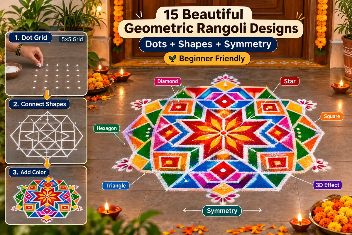 Geometric Drawing Patterns for Rangoli designs showing dot grid, shapes, colors, and symmetry