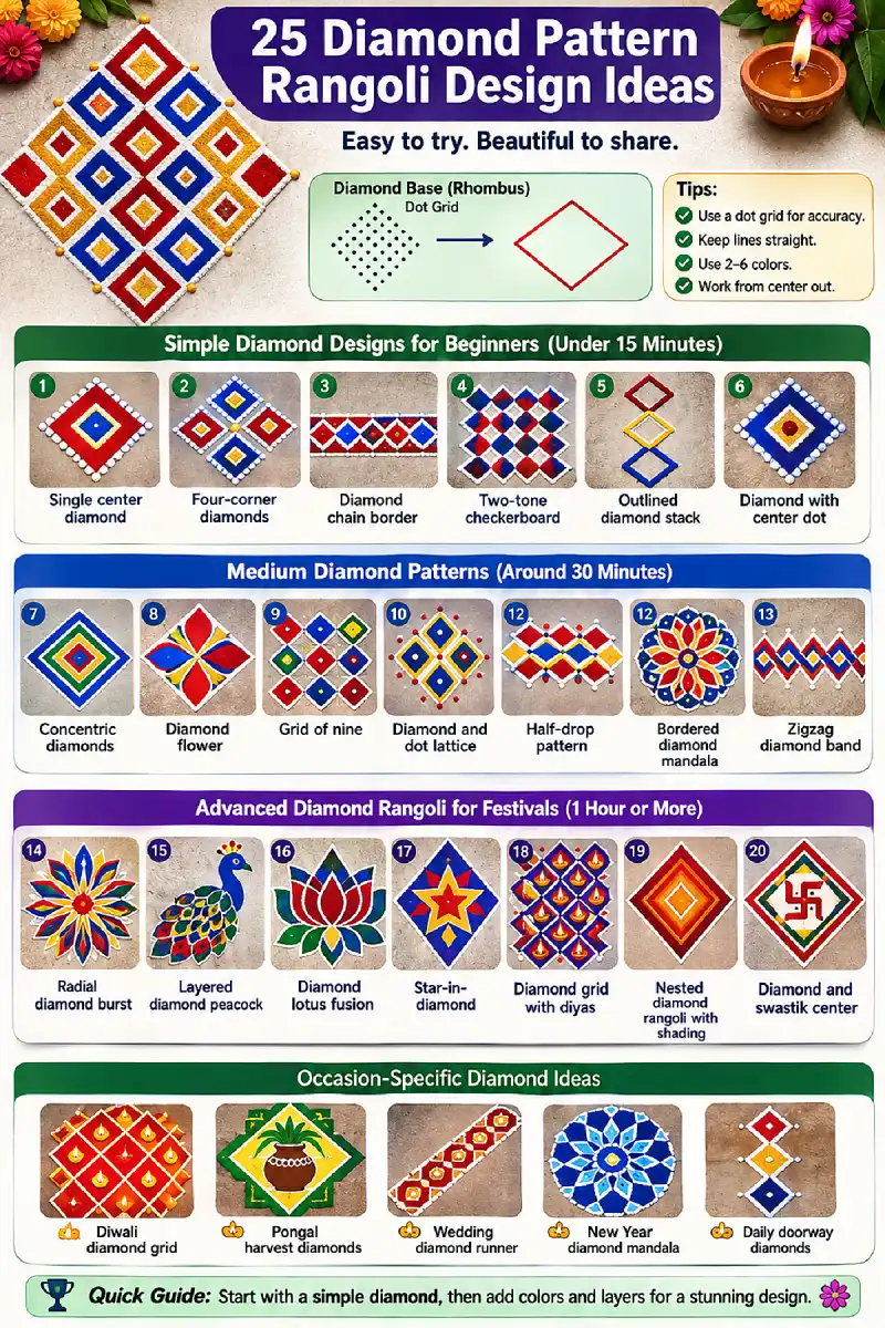Infographic showing 25 diamond pattern rangoli designs for beginners and festivals.