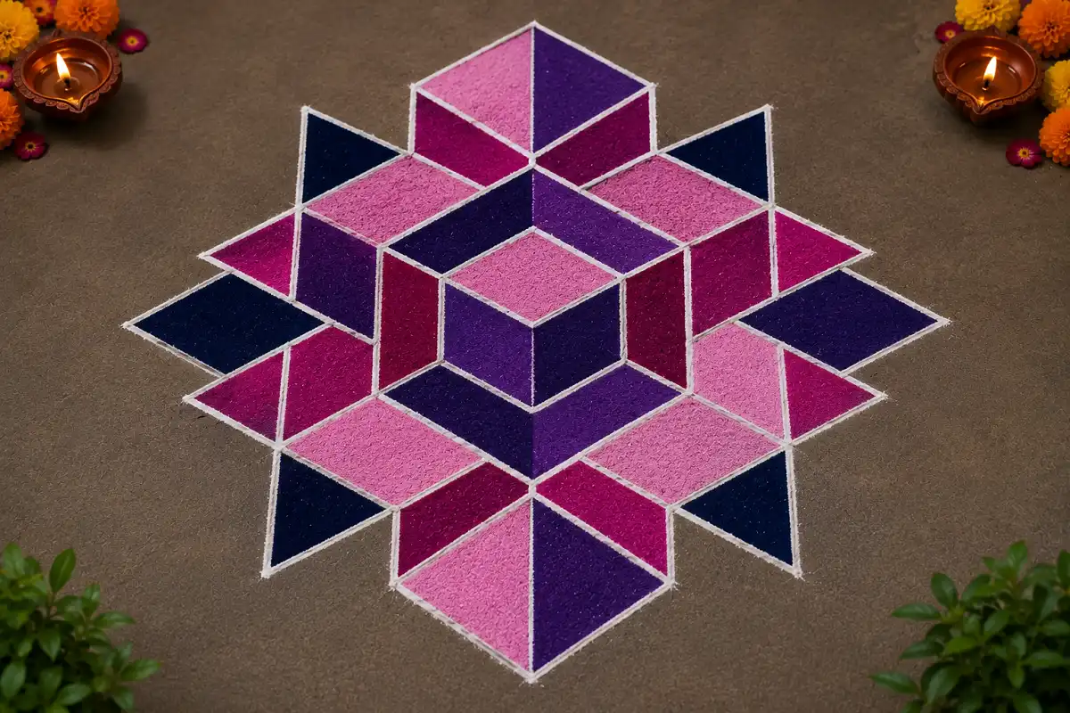 3D geometric Rangoli with colorful diamond shapes