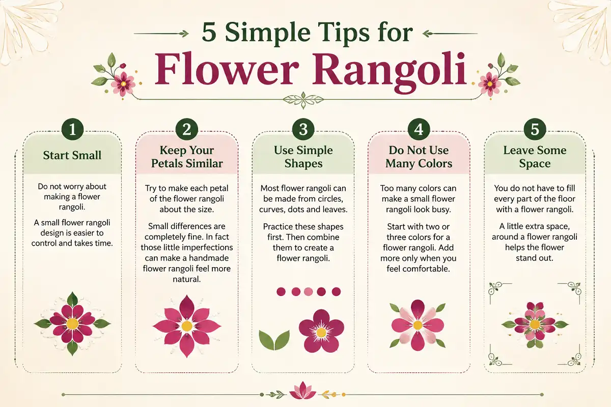 Infographic showing five simple tips for making a flower rangoli