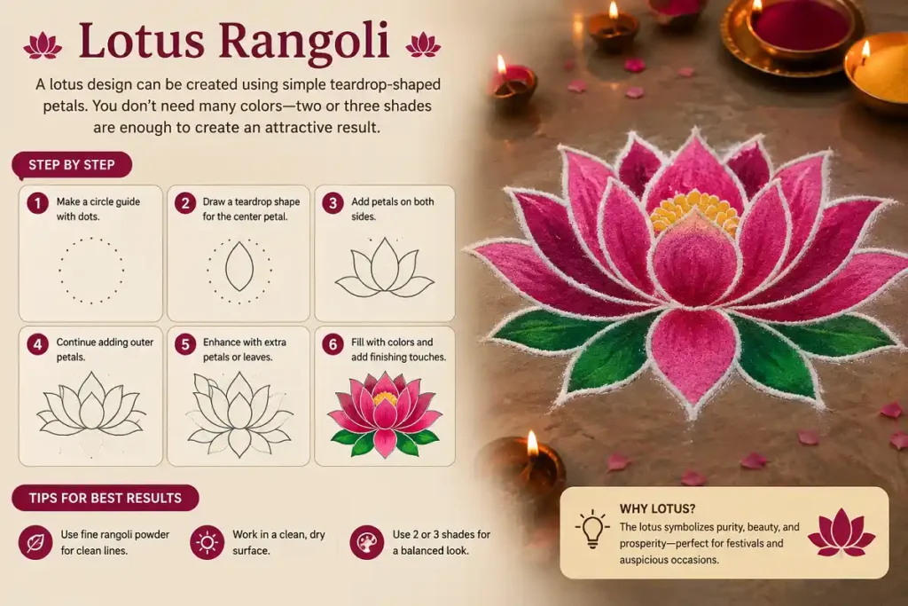 Lotus Rangoli with simple teardrop petals in pink, green, and white powder