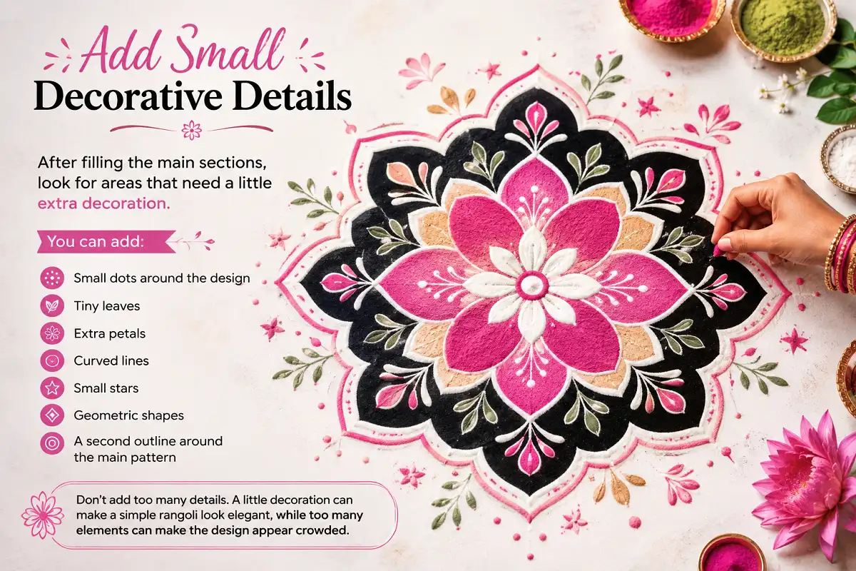 Add small decorative details to a rangoli design