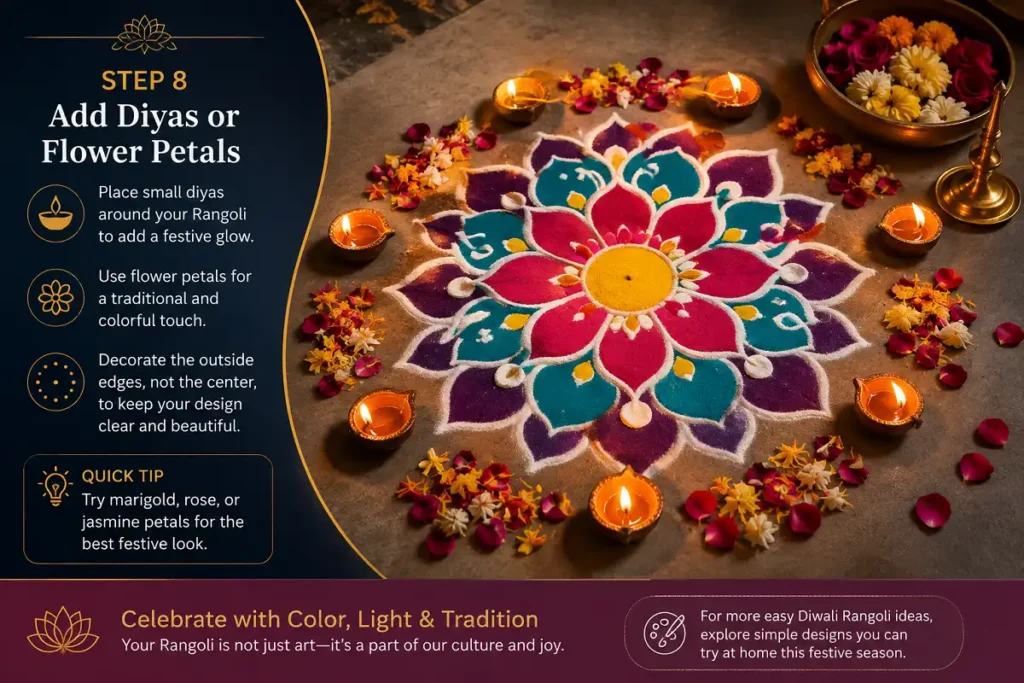 Diwali Rangoli decorated with diyas and colorful flower petals around the edges