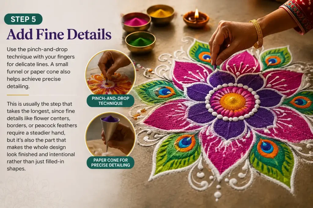 Adding fine details to a rangoli design