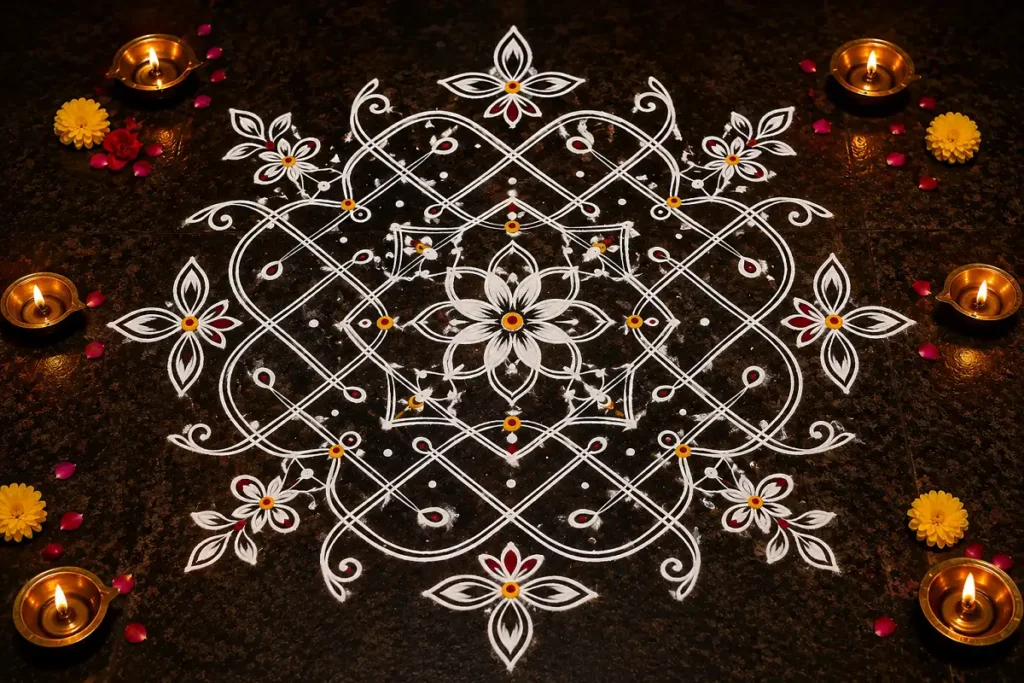Traditional Aishwarya kolam design with intricate white patterns, floral motifs, dots, and decorative diyas on a dark floor.