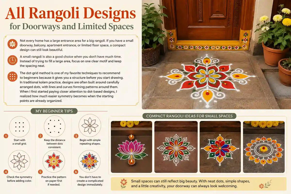 Compact rangoli designs and dot grid tips for small doorways and limited spaces
