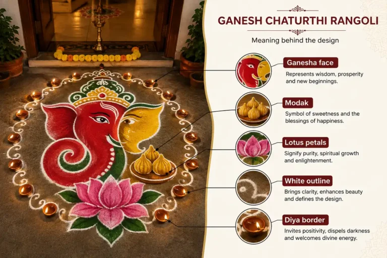 Infographic showing rangoli designs for Ganesh Chaturthi with labeled Ganesha, modak, and lotus motifs