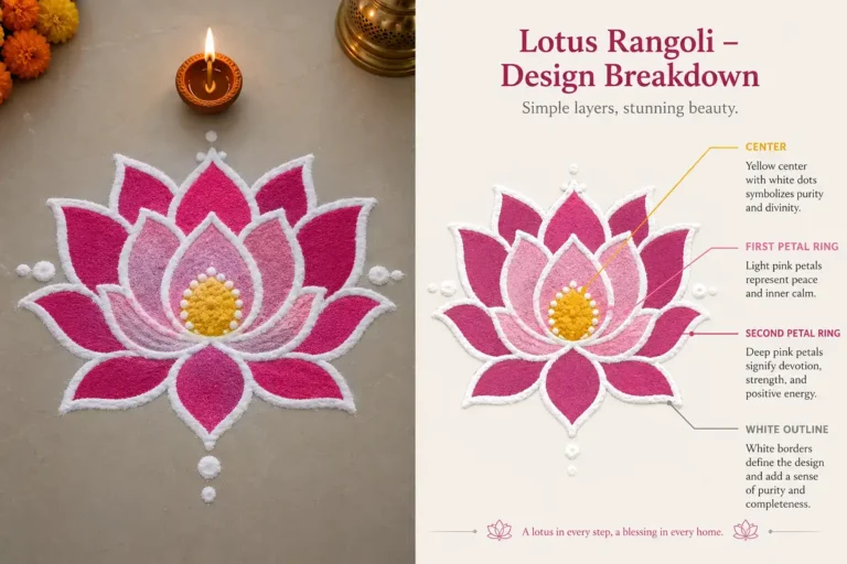 Infographic and photo showing how lotus flower rangoli patterns are drawn from a center outward in petal rings