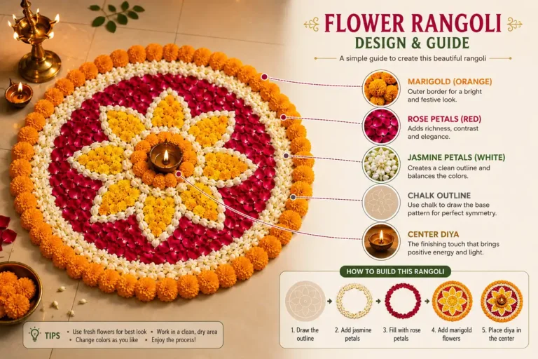 Overhead guide to rangoli with real flowers showing labeled marigold, rose, and jasmine petals arranged around a center diya
