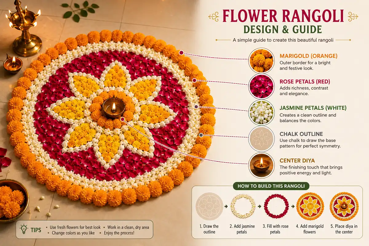 Overhead guide to rangoli with real flowers showing labeled marigold, rose, and jasmine petals arranged around a center diya