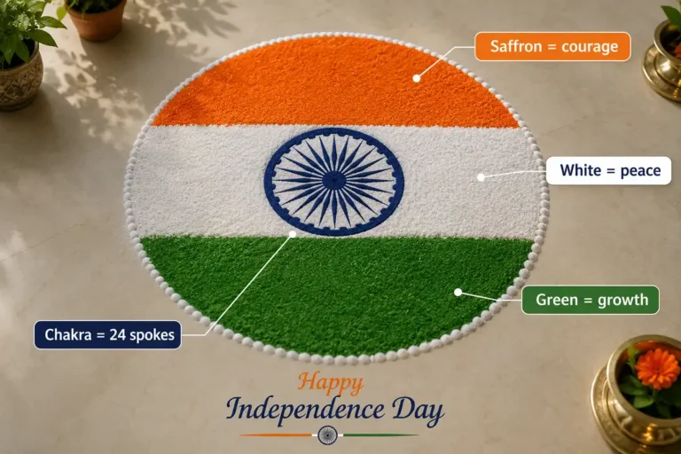 Infographic featured image showing a rangoli for Independence Day with the tricolor flag colors and Ashoka Chakra labeled