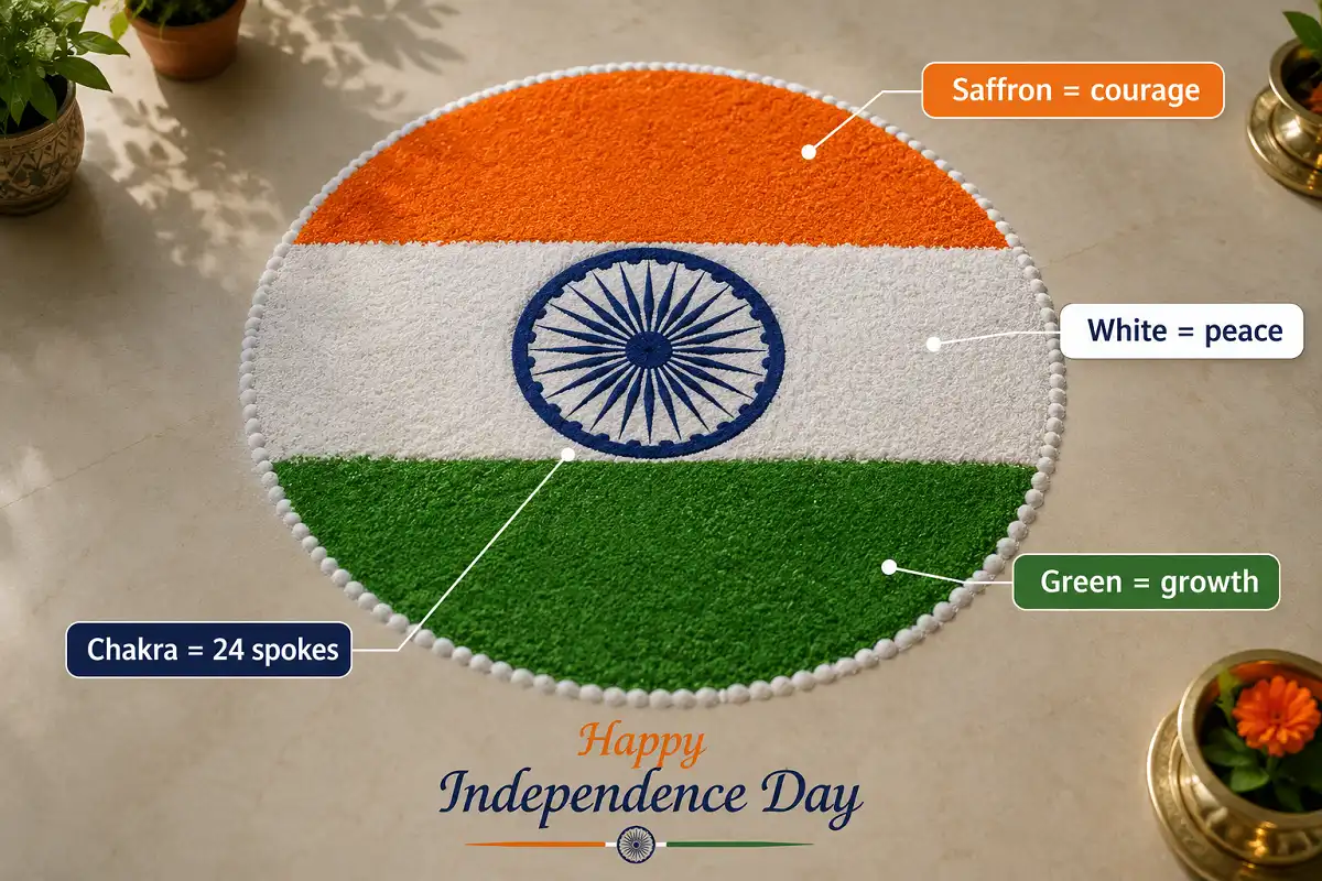 Infographic featured image showing a rangoli for Independence Day with the tricolor flag colors and Ashoka Chakra labeled