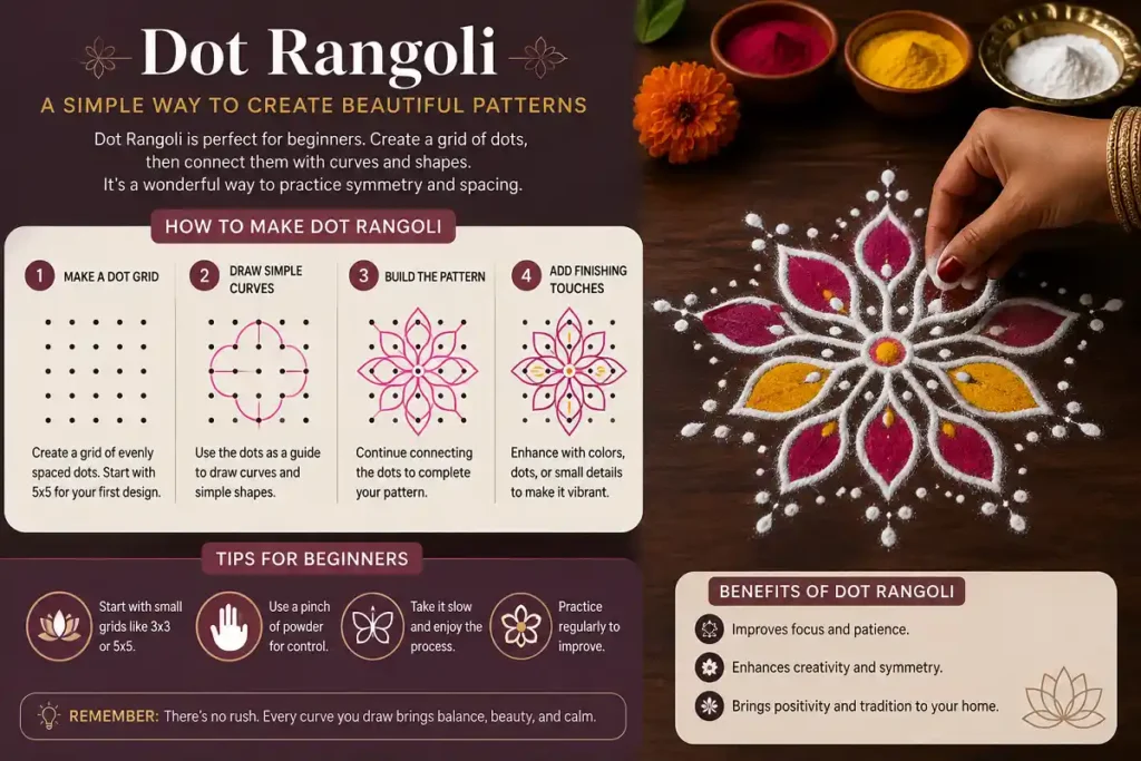 Modern infographic showing dot Rangoli steps, symmetry tips, and a colorful floral powder design