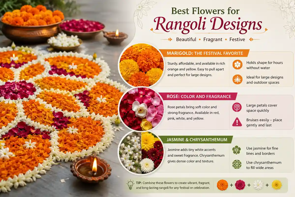 Marigold, rose, jasmine and chrysanthemum flowers for colorful rangoli designs