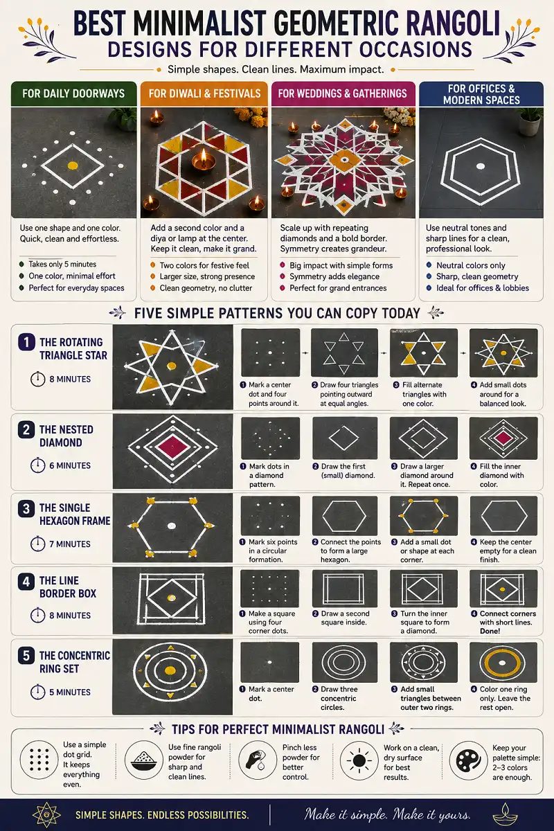 5 Minimalist Geometric Rangoli Designs for Doorways, Festivals, Weddings, and Offices