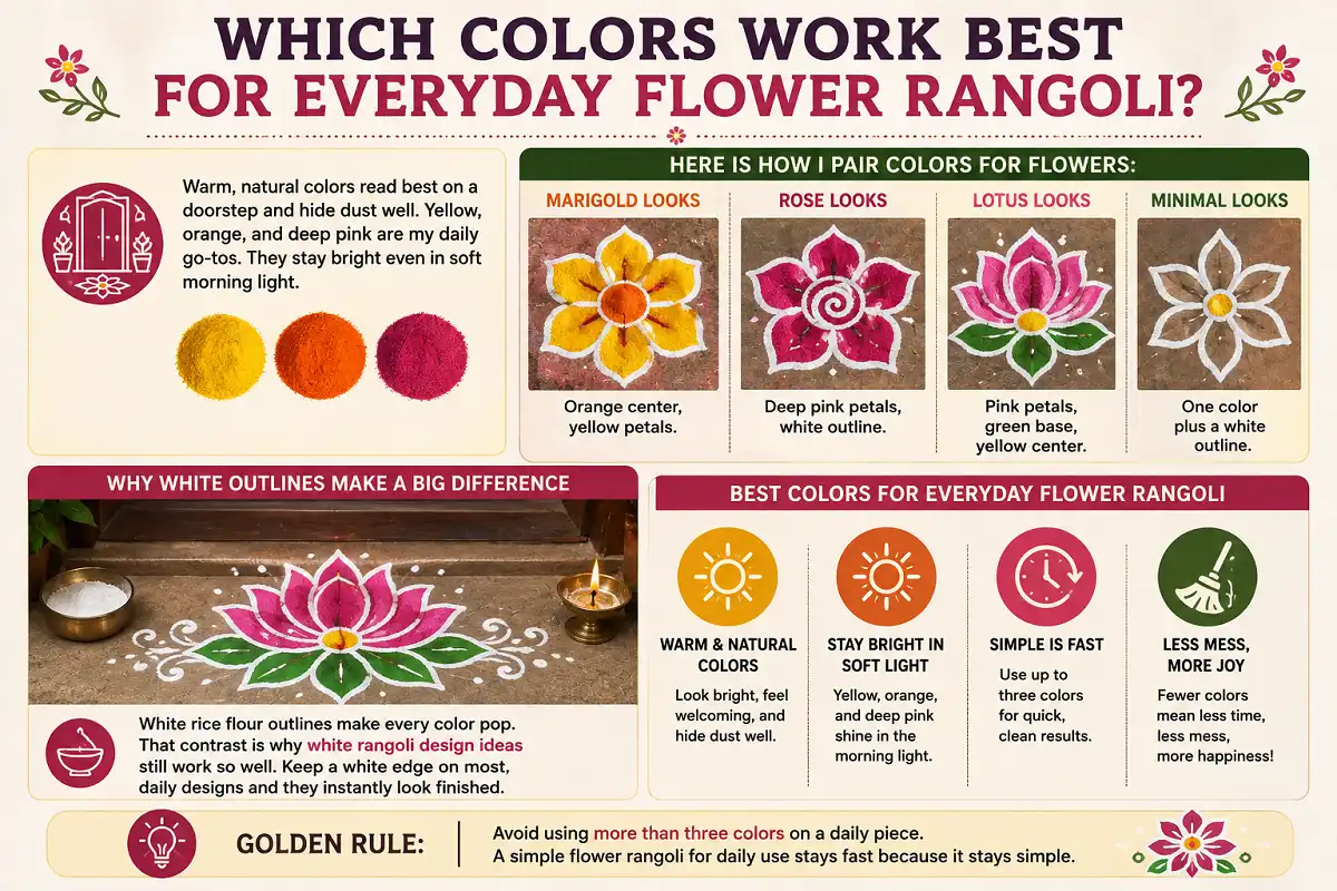 Infographic showing the best color combinations for simple everyday flower rangoli designs.