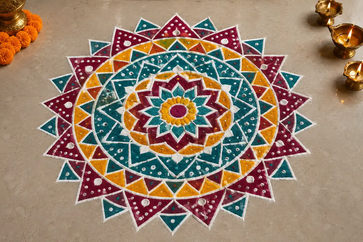 Colorful geometric mandala rangoli with symmetrical triangles, diamonds and circular patterns