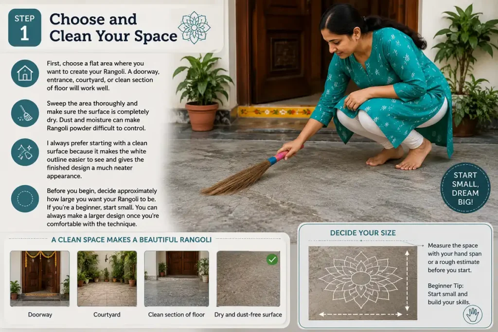 Step 1 shows how to choose and clean a dry space before creating Rangoli