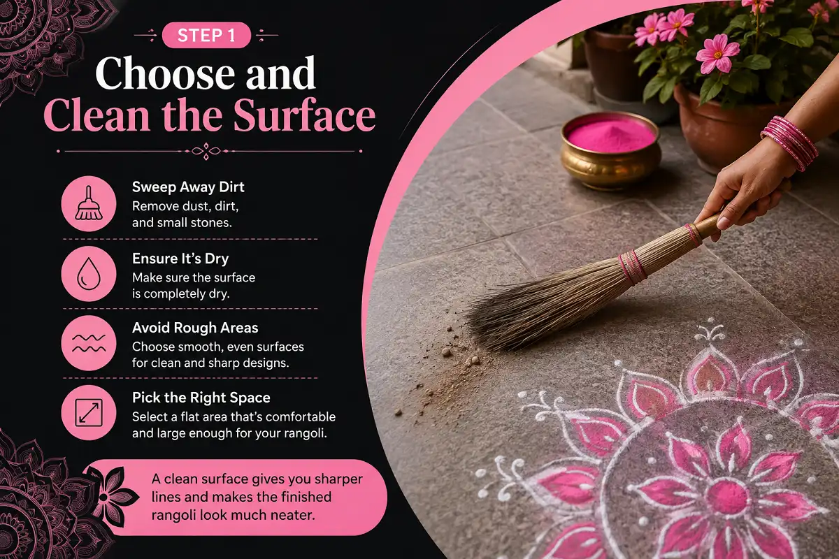 Choose and clean the surface for rangoli