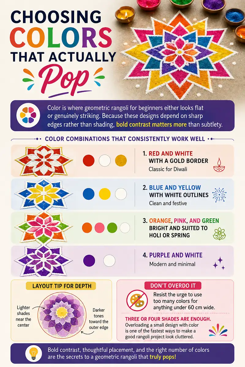 Color combinations and tips for making geometric rangoli designs stand out.