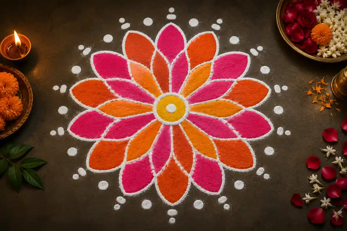 Circular petal rangoli design for beginners