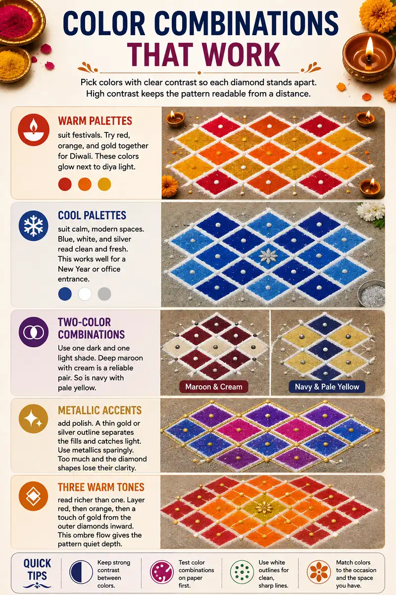 Rangoli infographic showing warm, cool, two color, metallic, and three tone palettes.