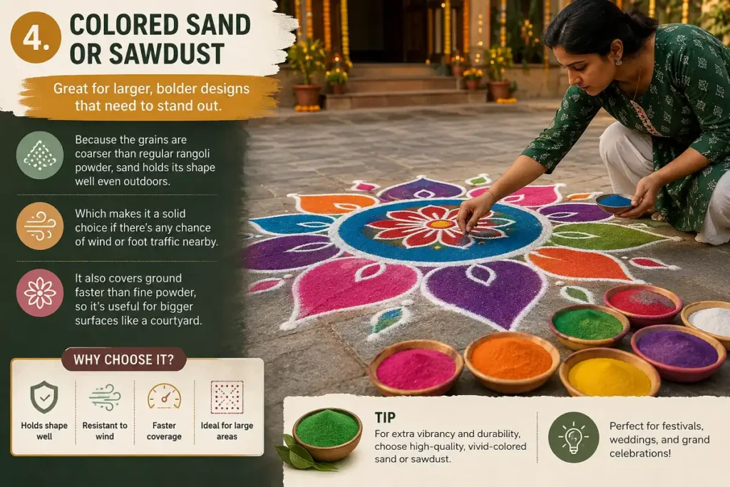 Colored sand or sawdust for large rangoli designs