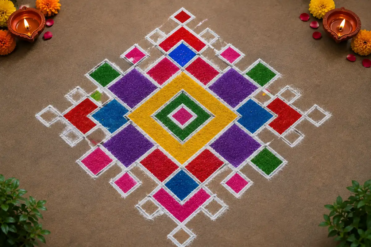 Colorful diamond pattern Rangoli design with geometric shapes
