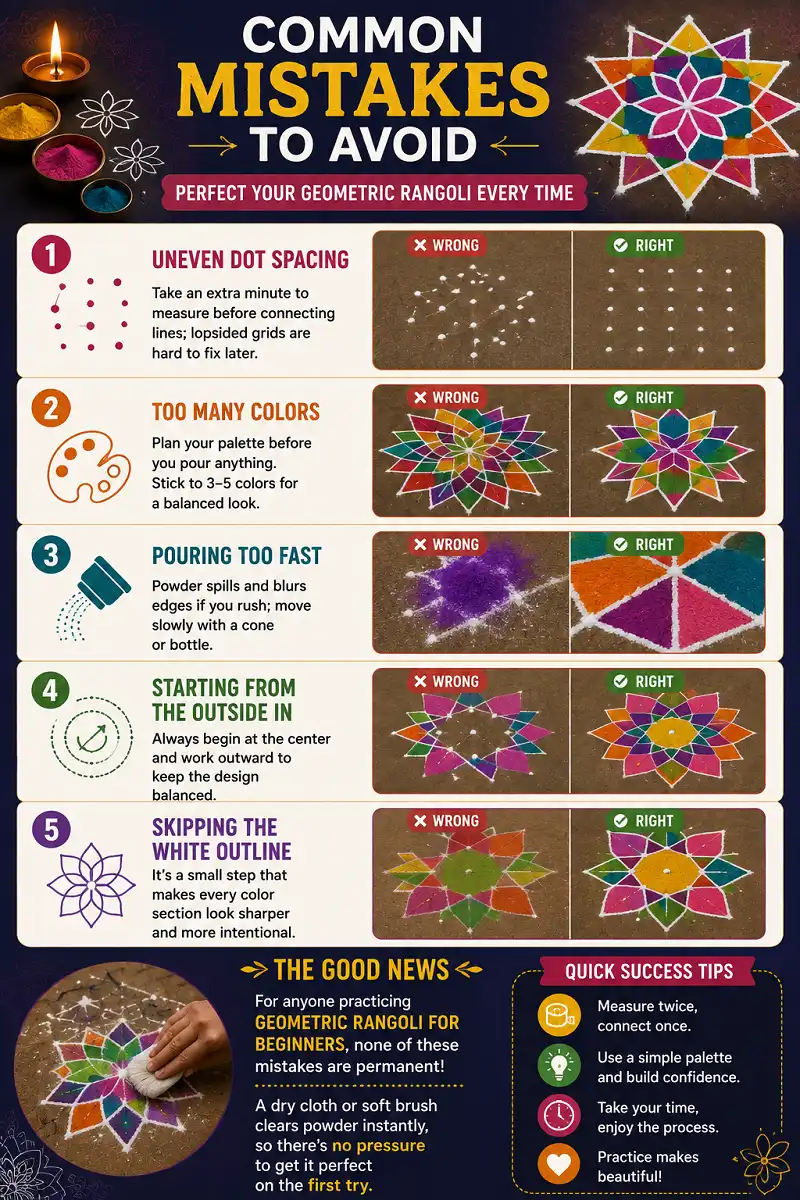 Infographic showing five common geometric rangoli mistakes and simple ways to avoid them.