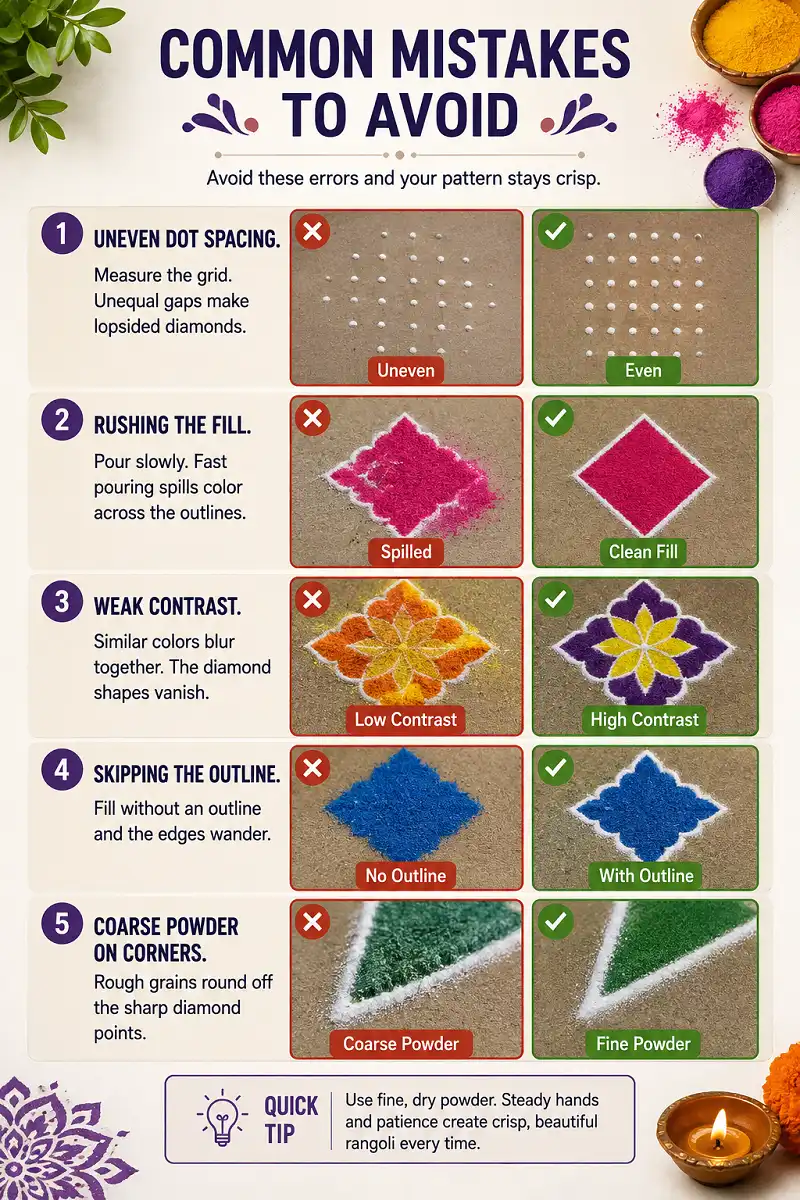 Infographic showing five common rangoli mistakes and how to avoid them.