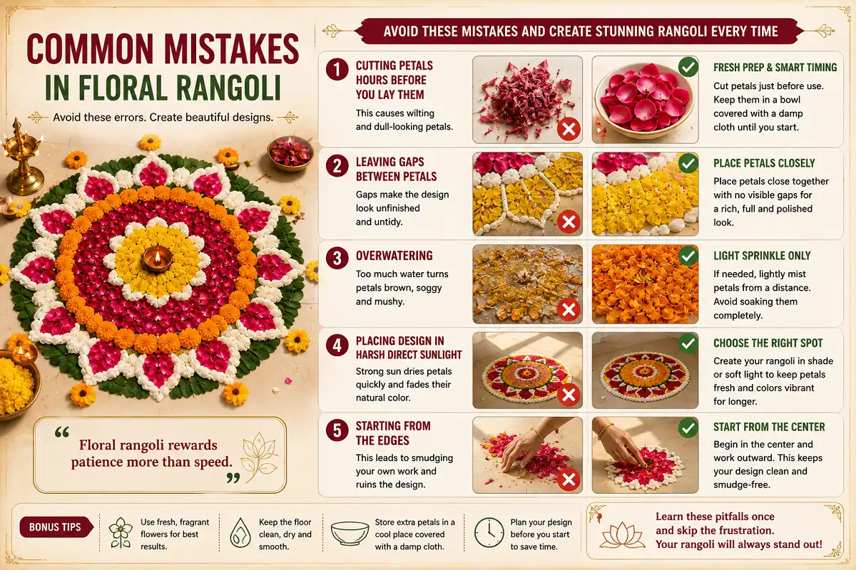 Infographic showing common floral rangoli mistakes and simple fixes for fresh, lasting designs.