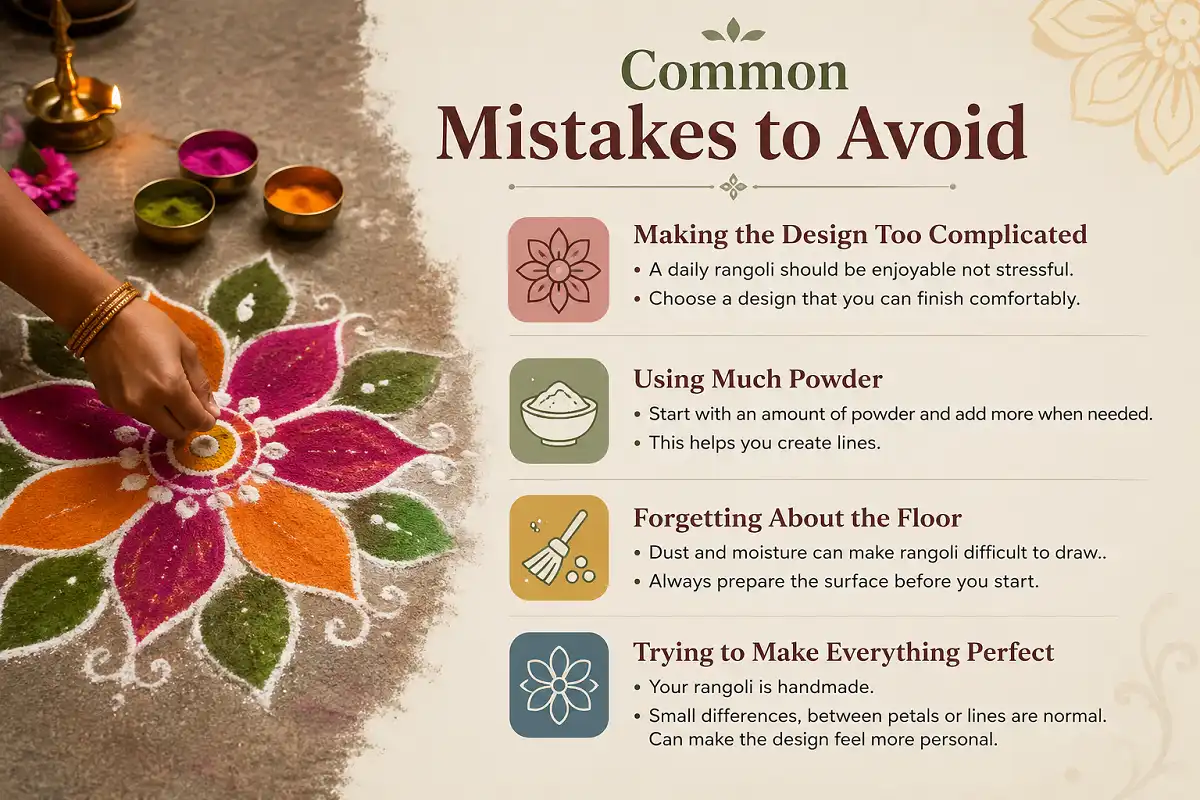 Rangoli infographic showing four common mistakes to avoid when creating designs