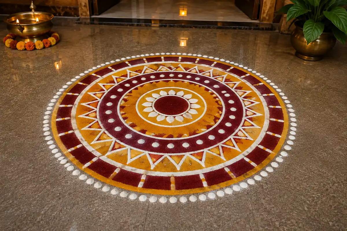 Concentric circle rangoli with geometric patterns in red, yellow and white
