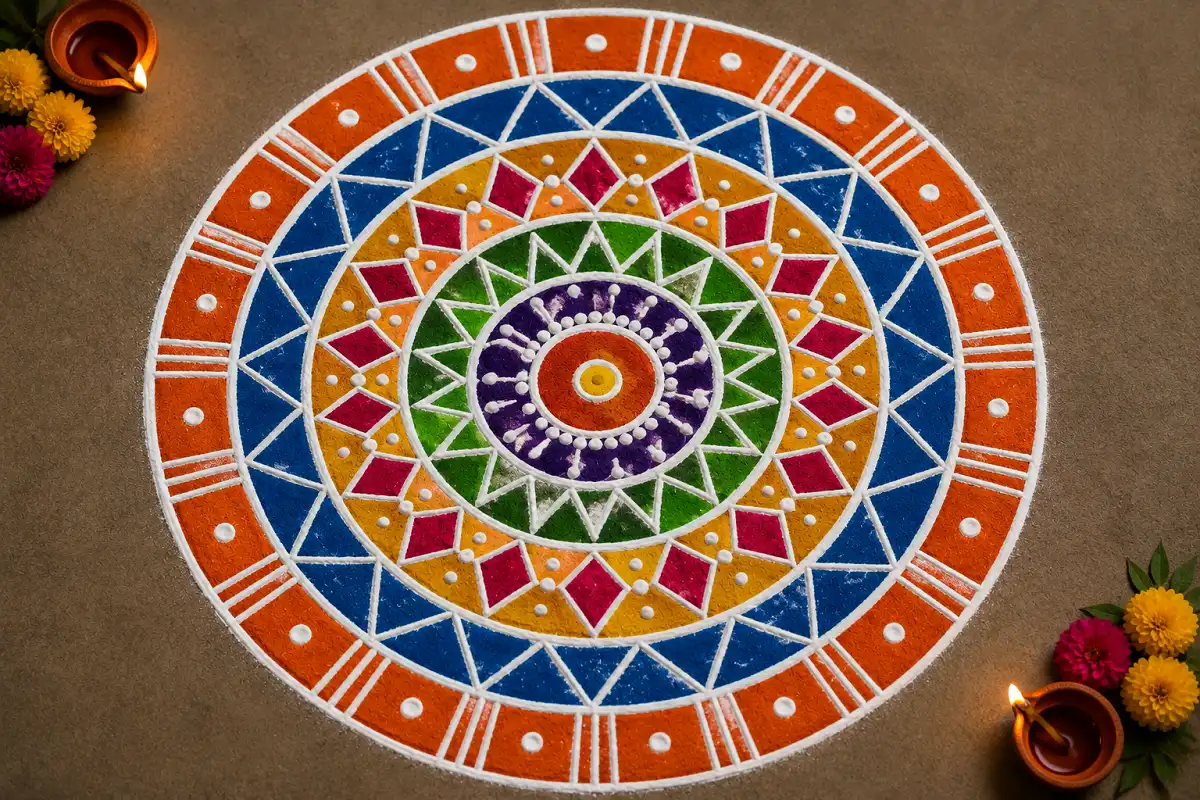 Colorful concentric circle Rangoli with geometric patterns