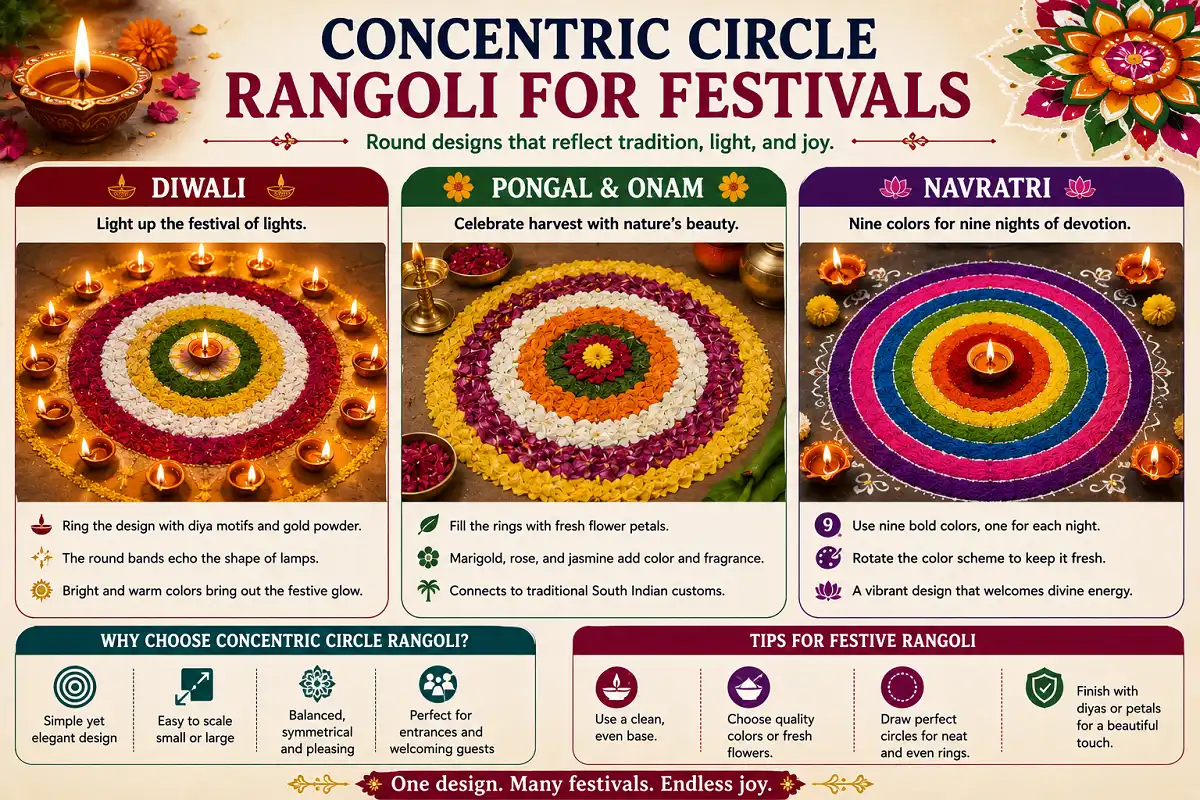 Festival rangoli ideas for Diwali, Pongal, Onam, and Navratri.