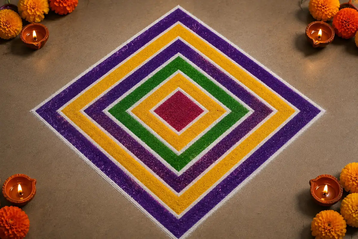 Colorful concentric square Rangoli with geometric layers