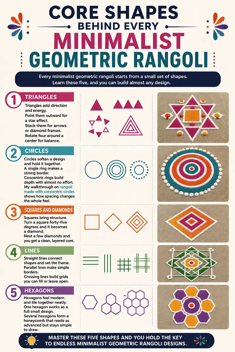 Infographic showing five core shapes used in minimalist geometric rangoli.