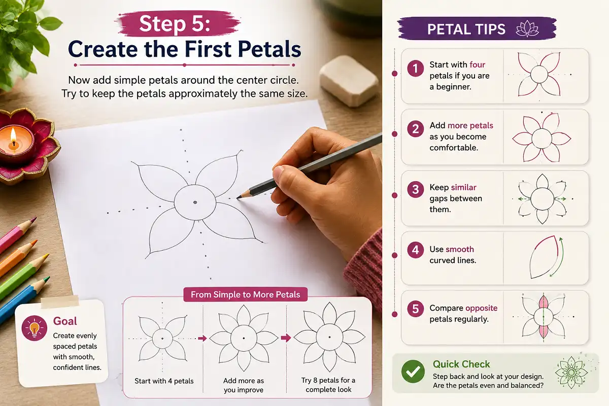 Beginner rangoli drawing with four petals around a center circle and symmetry tips.