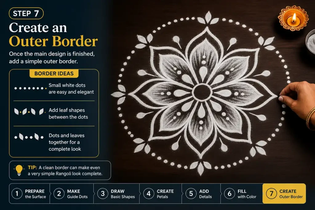 Rangoli tutorial showing white dots and leaves forming a clean outer border