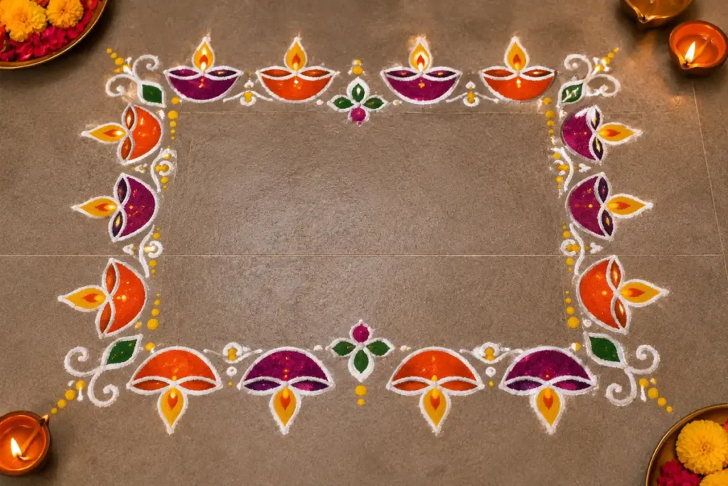Diya border rangoli design with colorful diya motifs, floral patterns, and decorative lamps for Diwali decoration