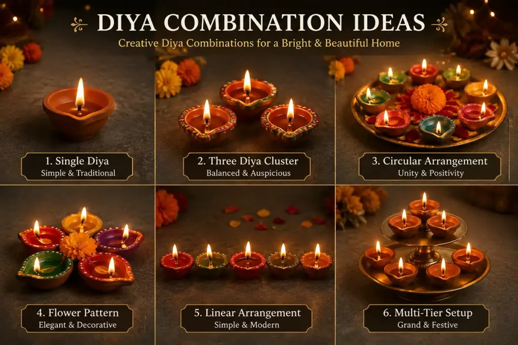 Diya combination ideas for Diwali featuring colorful diyas arranged in clusters, circles, flower patterns, rows, and multi-tier festive displays.