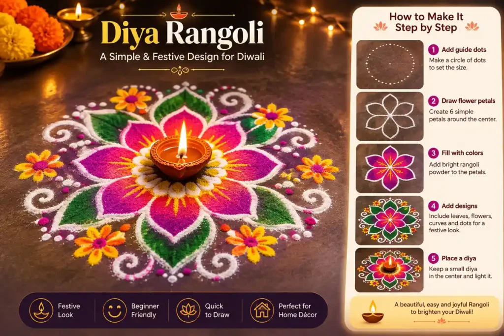 Colorful Diya Rangoli with a glowing diya and step by step drawing guide